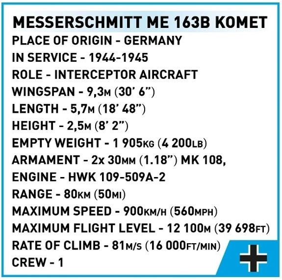 COBI Messerschmitt Me 163B Komet repülőgép-építőkészlet (543 elem)