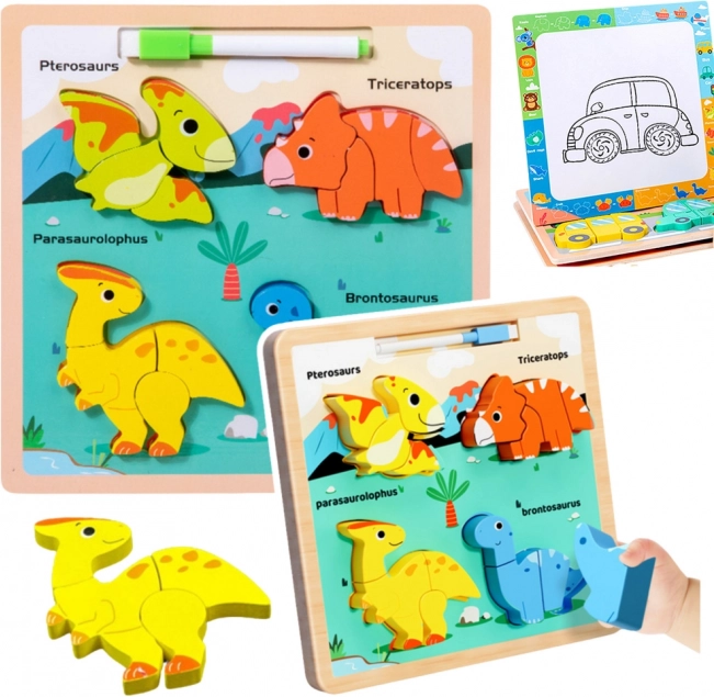 Fa oktatási kirakó Dinoszauruszok rajztáblával