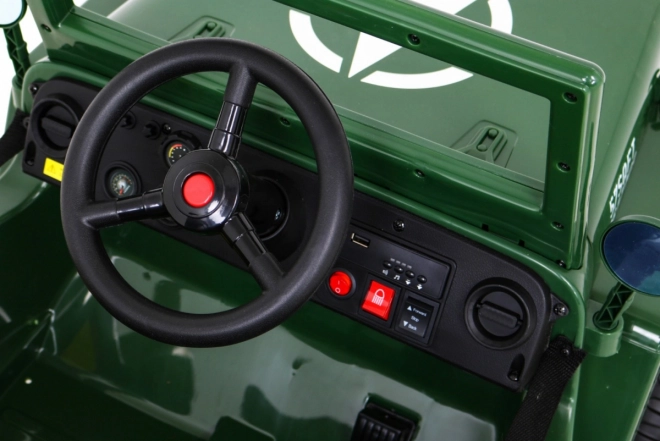 Retro katonai autó gyerekeknek zöld + 4x4 hajtás + távirányítás + 2 poggyásztartó + lassú indítás + MP3 LED