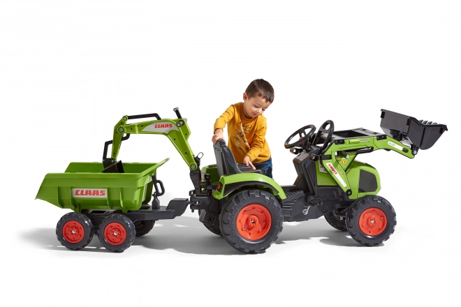 Claas Axos pedálos traktor - elülső és hátsó kanalazóval + pótkocsival