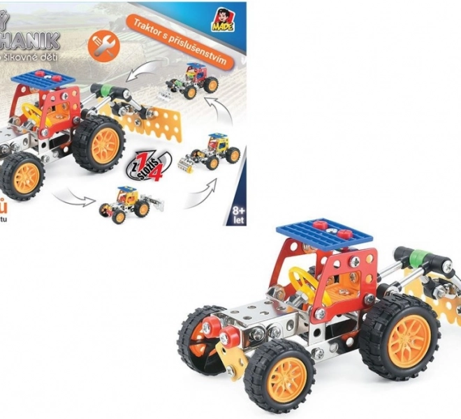 Kis szerelő traktor tartozékokkal