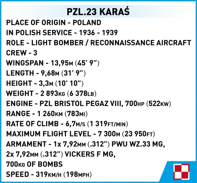 Cobi II. világháborús Pzl. 23 Karaś repülőgép modell