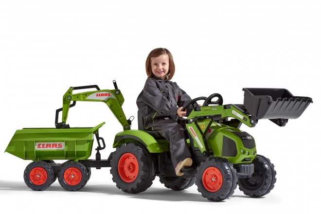Claas Axos pedálos traktor - elülső és hátsó kanalazóval + pótkocsival