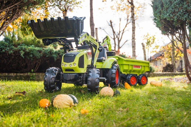 Claas Axos pedálos traktor - elülső és hátsó kanalazóval + pótkocsival