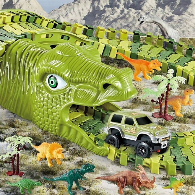 Dinoszaurusz versenypálya autóval és figurákkal