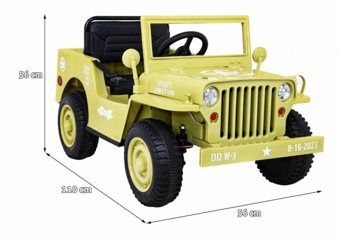 Retro katonai gyerekautó bézs + 4x4 meghajtás + távirányítás + 2 csomagtartó + lassú indulás + MP3 LED