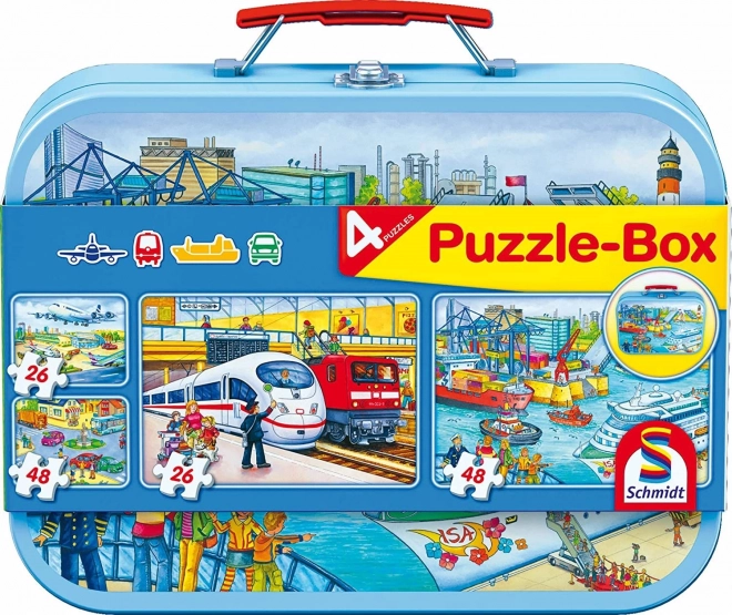 Dopravási puzzle 4 az 1-ben fémdobozban