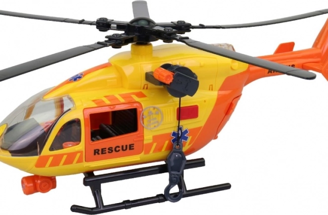 Mentő helikopter fénnyel és hanggal, működő csörlővel és rotorral