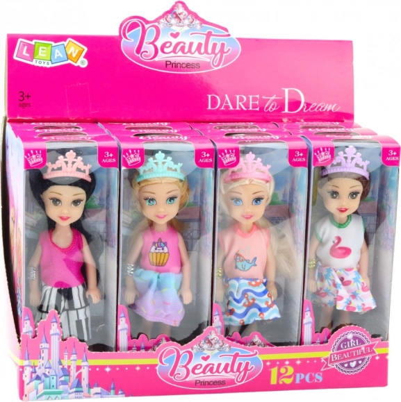 Mini hercegnő baba koronával színes ruhában 14 cm