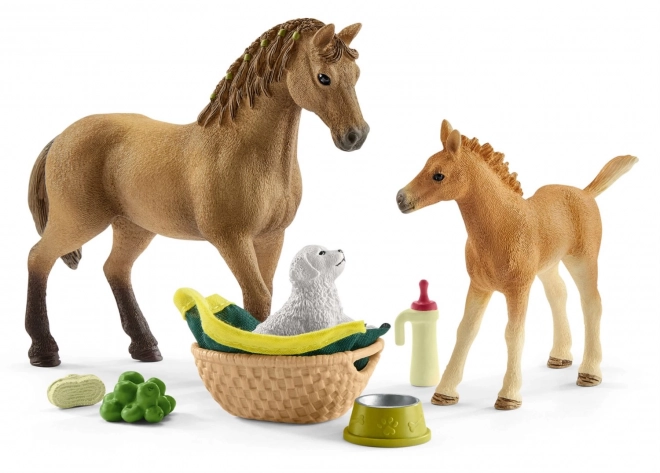 Schleich Horse Club készlet lócsikóval, Quarter ló kölyökkutyával és kiegészítőkkel