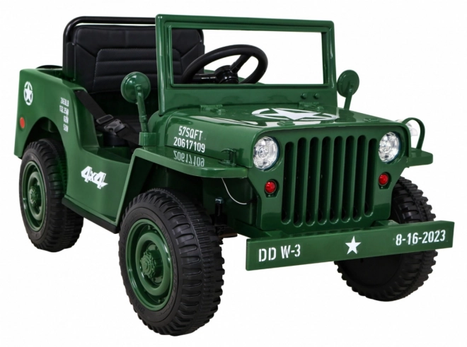 Retro katonai autó gyerekeknek zöld + 4x4 hajtás + távirányítás + 2 poggyásztartó + lassú indítás + MP3 LED