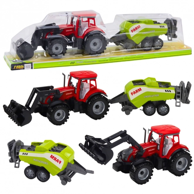 Piros traktor rakodóval és bálázóval