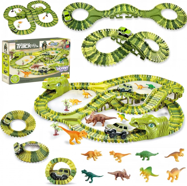 Dinoszaurusz versenypálya autóval és figurákkal
