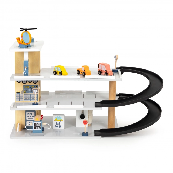ECOTOYS fa garázs lifttel és kisautókkal