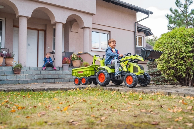Claas Axos pedálos traktor - elülső és hátsó kanalazóval + pótkocsival