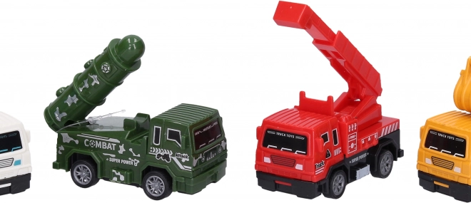 Felhúzós építőipari és katonai játékautó, 8,5 cm