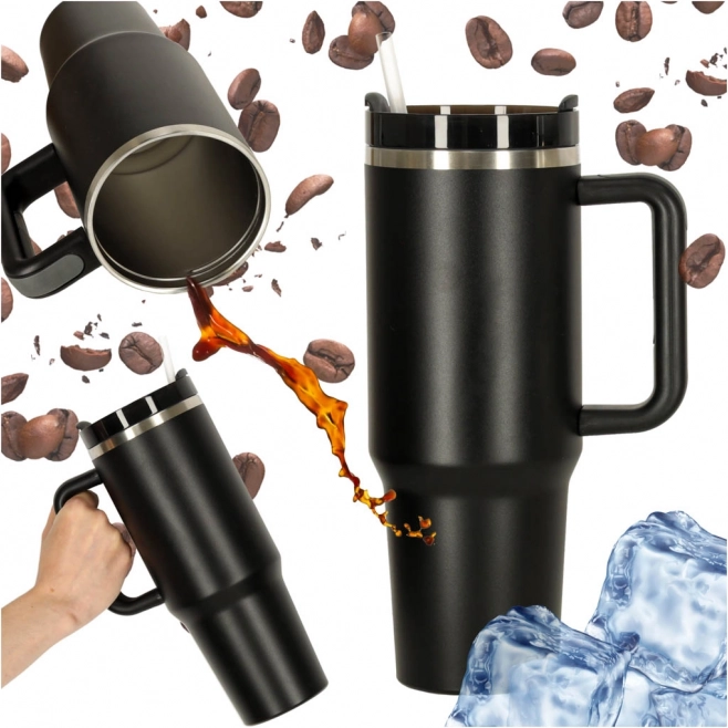 1200 ml fekete termoszbögre szívószállal és füllel