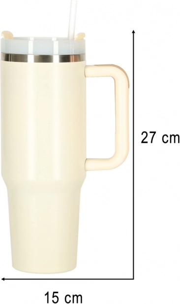 Krémes termoszbögre szívószállal és füllel 1200 ml