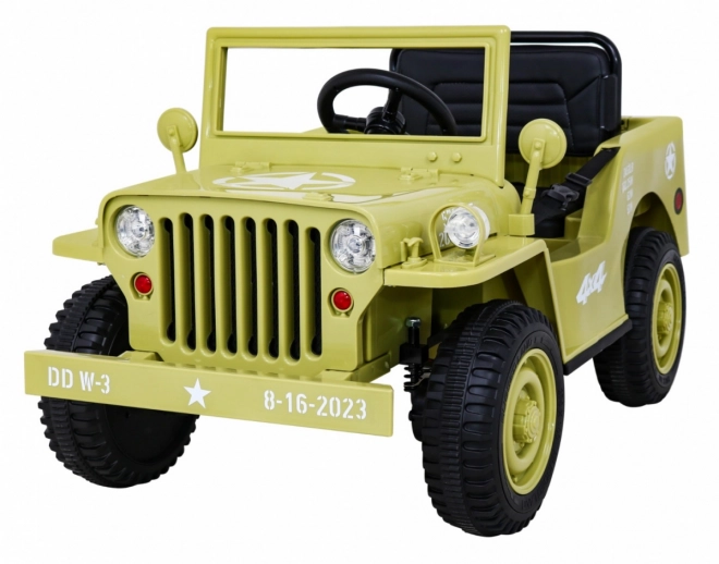 Retro katonai gyerekautó bézs + 4x4 meghajtás + távirányítás + 2 csomagtartó + lassú indulás + MP3 LED