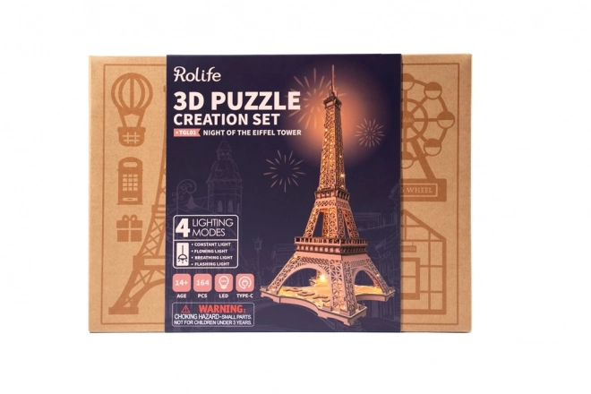 Éjszakai Eiffel-torony fénylő 3D fa puzzle