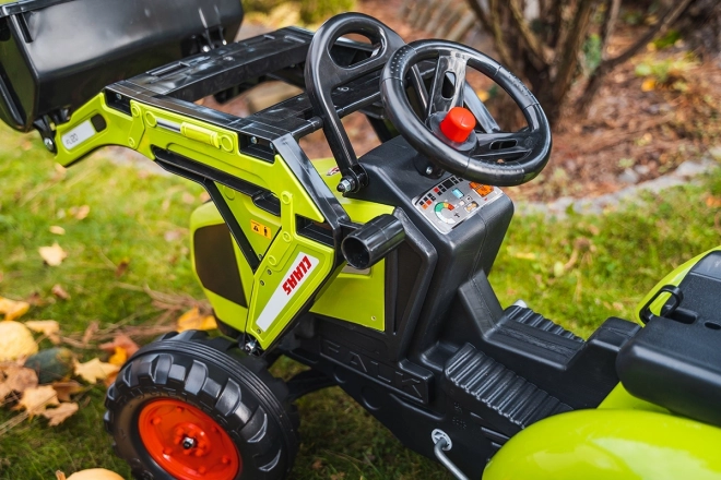 Claas Axos pedálos traktor - elülső és hátsó kanalazóval + pótkocsival