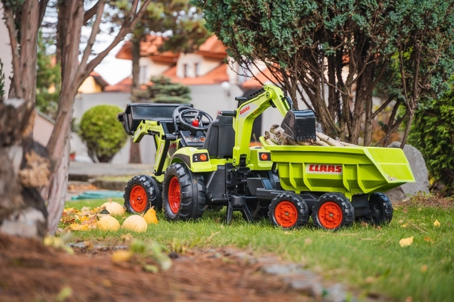 Claas Axos pedálos traktor - elülső és hátsó kanalazóval + pótkocsival