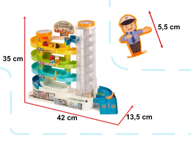 Négyszintes parkolóház elektromos lifttel és autókkal