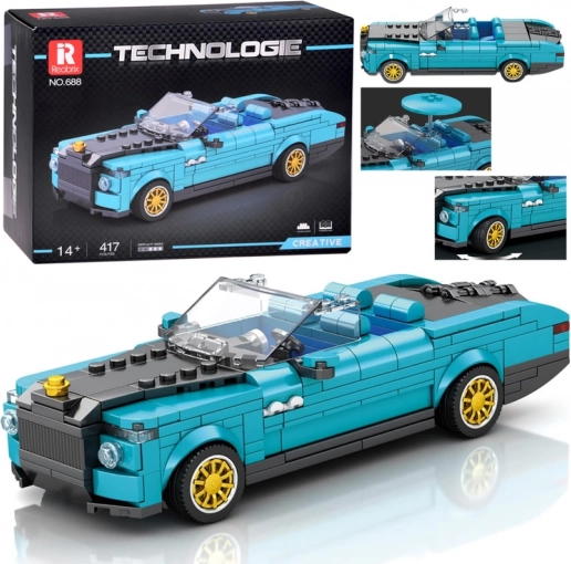 Technic építőkészlet – kék retro kabrió arany kerekekkel, 417 darab