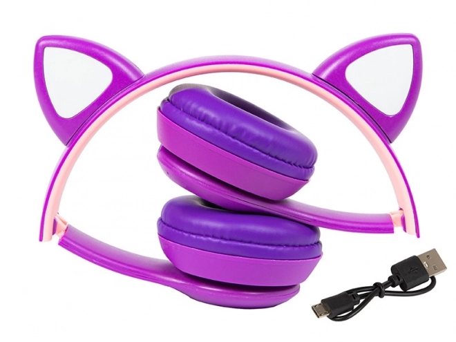Gyermekeknek szánt Bluetooth 5.0 vezeték nélküli LED-es fejhallgató lila fülekkel