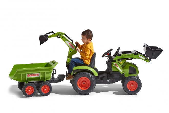 Claas Axos pedálos traktor - elülső és hátsó kanalazóval + pótkocsival