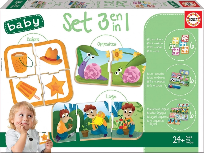 Baby puzzle készlet színek, sorrend és ellentétek 3 az 1-ben