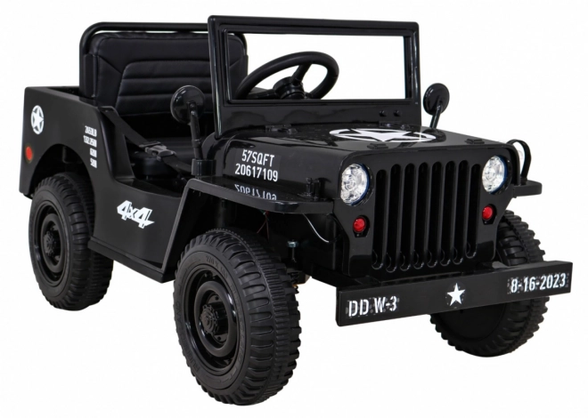 Retro katonai autó gyerekeknek fekete + 4x4 hajtás + távirányító + 2 csomagtartó + lassú indulás + MP3 LED