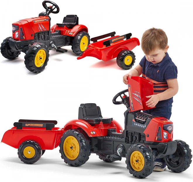 FALK Red Supercharger gyermek pedálos traktor levehető pótkocsival