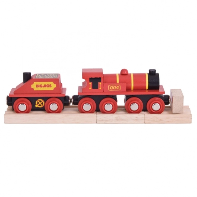 Bigjigs Rail piros mozdony tendervagonnal és 3 sínnel