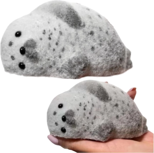 Szilikon antistressz gyúrófóka puha „szőrrel”, szürke, 12 cm