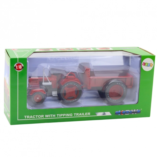 Fém piros traktor utánfutóval 1:18 méretarány
