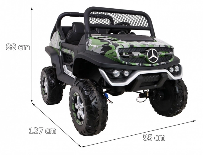 Mercedes Benz Unimog gyerekeknek, szín Moro + 4x4 + távirányítás + poggyásztartó + ingyenes indítás + MP3 rádió + LED dióda