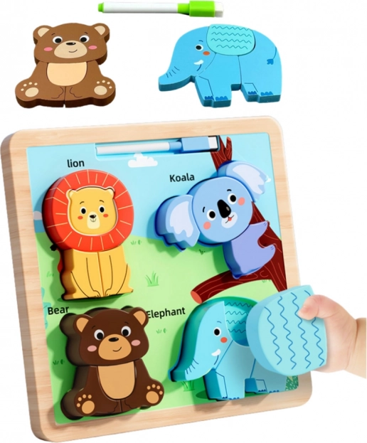 Fából készült oktatási puzzle Állatok rajztáblával