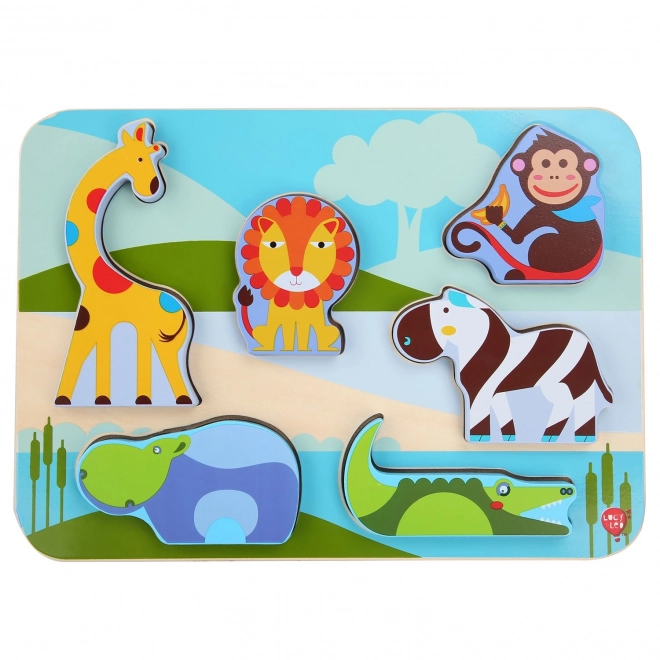 Lucy & Leo Safari állatok - fa beillesztős puzzle 7 darabos