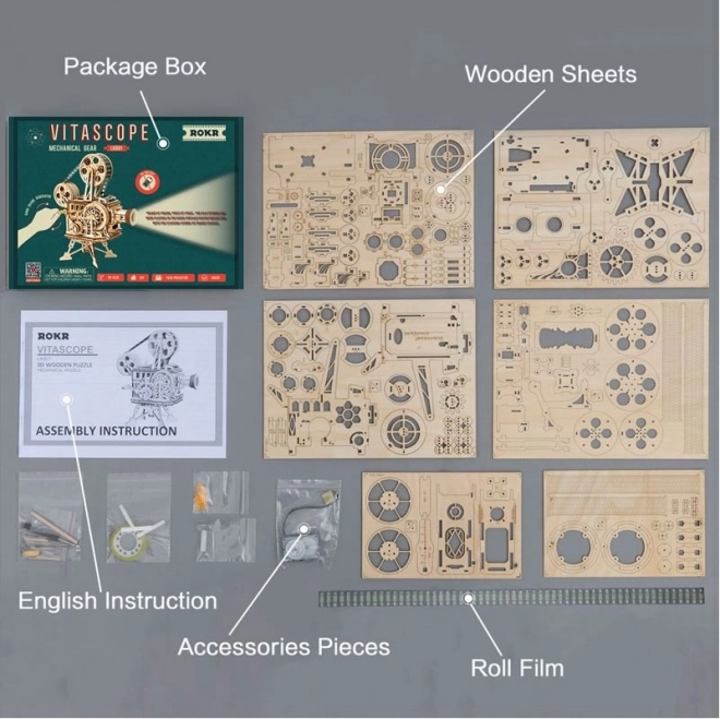 Rokr 3D fa puzzle mechanikus film vetítő 183 darab