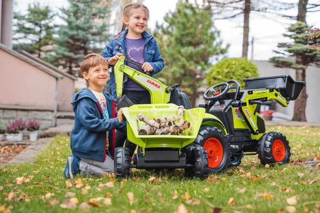 Claas Axos pedálos traktor - elülső és hátsó kanalazóval + pótkocsival