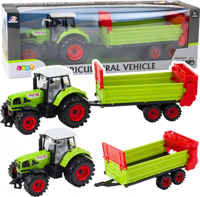 Traktor lendkerekes utánfutóval, nyitható motorháztető és ajtók, zöld