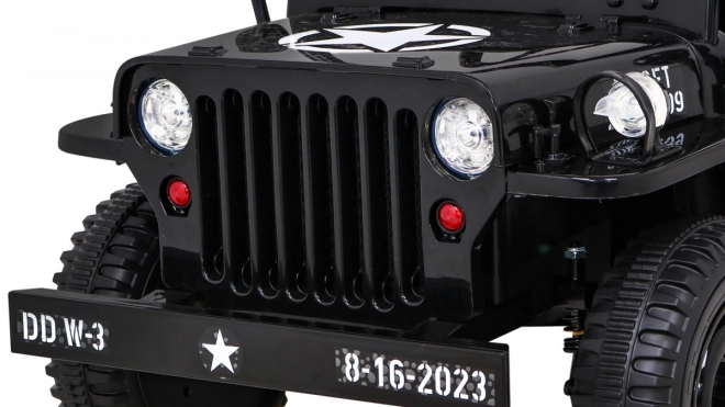 Retro katonai autó gyerekeknek fekete + 4x4 hajtás + távirányító + 2 csomagtartó + lassú indulás + MP3 LED