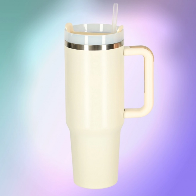 Krémes termoszbögre szívószállal és füllel 1200 ml