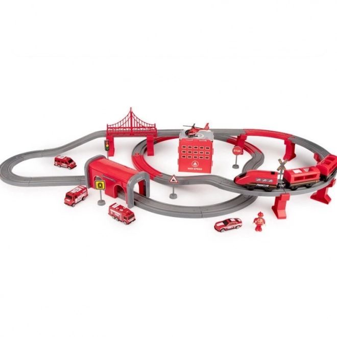 Elektromos vonatpálya - tűzoltósági helikopter és autók 92 db - Woopie