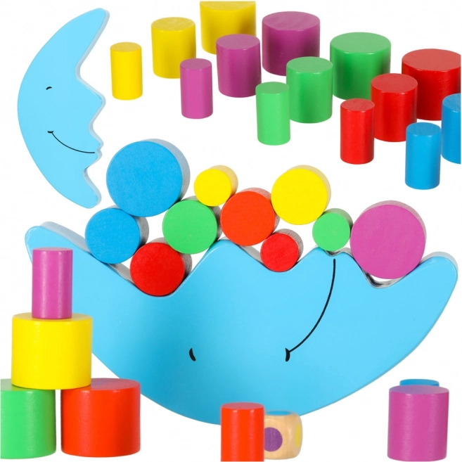 Montessori egyensúlyozó játék fa holdacskával, dobókockával és színes blokkokkal