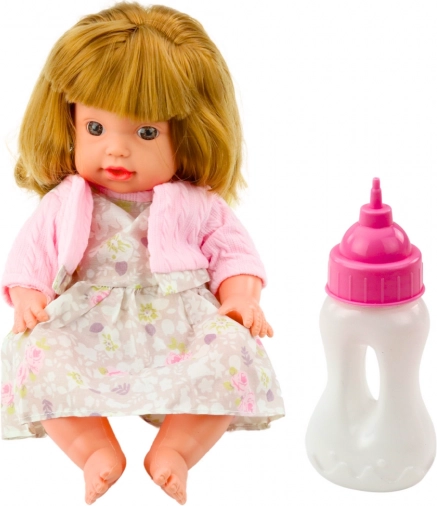 Baba Marionett Etetőcumis Üveg Rózsaszín Ruhában Hangokkal 30 cm
