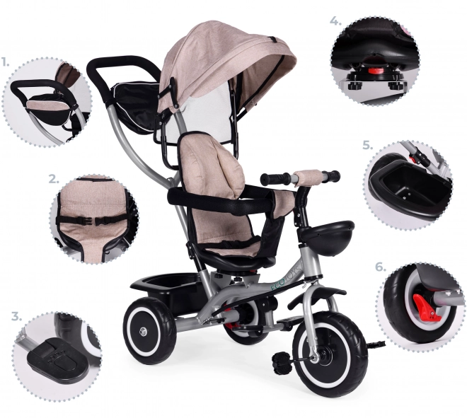 Ecotoys 2 az 1-ben tricikli babakocsi, forgatható ülés, összecsukható tető, bézs