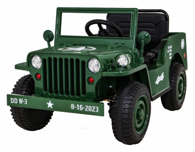 Retro katonai autó gyerekeknek zöld + 4x4 hajtás + távirányítás + 2 poggyásztartó + lassú indítás + MP3 LED