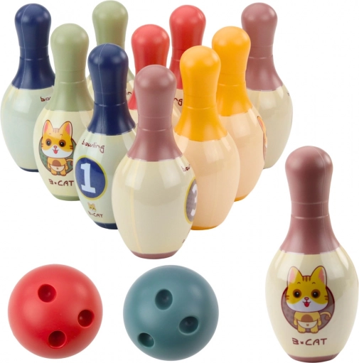 Gyerek bowlingkészlet cicákkal – 10 báb és 2 színes golyó